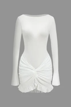 Solid Ruffle Ruched Twist Long Sleeve Mini Dress