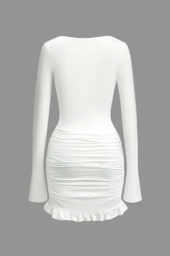 Solid Ruffle Ruched Twist Long Sleeve Mini Dress