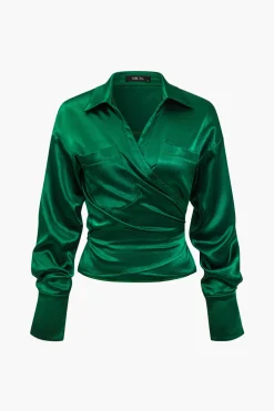 Solid Satin Button Tie-Up Long-Sleeve Shirt