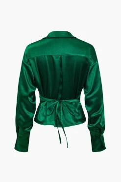 Solid Satin Button Tie-Up Long-Sleeve Shirt