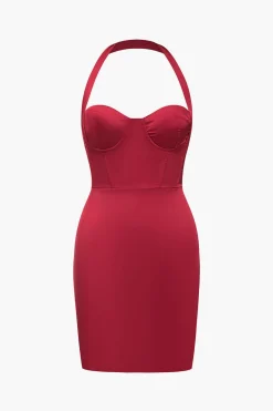 Solid Satin Halter Neck Bustier Mini Dress