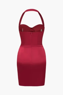 Solid Satin Halter Neck Bustier Mini Dress