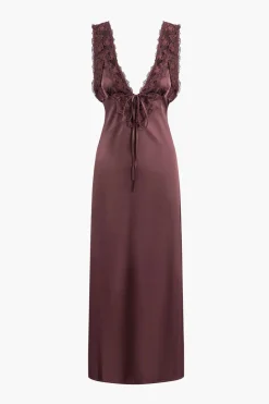 Solid Satin Lace Trim Tie-Up Maxi Dress