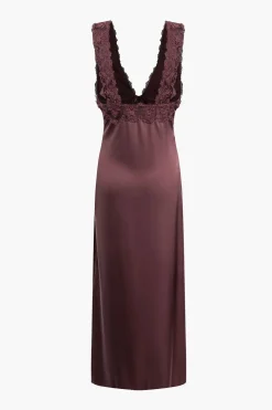 Solid Satin Lace Trim Tie-Up Maxi Dress