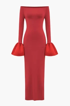 Solid Satin Off Shoulder Slit Maxi Dress