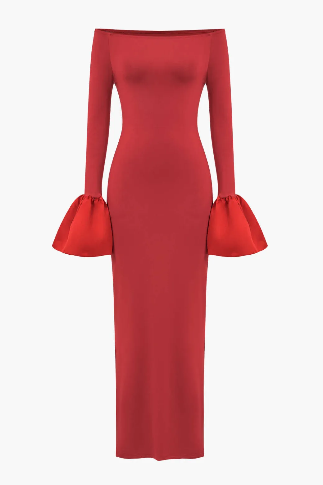 Solid Satin Off Shoulder Slit Maxi Dress