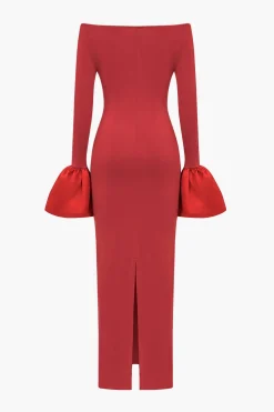 Solid Satin Off Shoulder Slit Maxi Dress