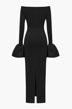 Solid Satin Off Shoulder Slit Maxi Dress