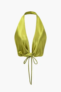 Solid Satin Twist Halter Knot Cami Top