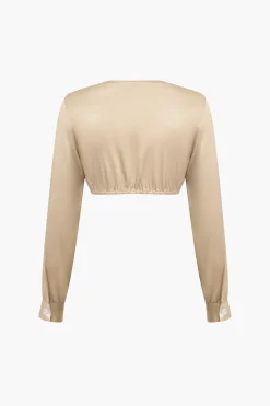 Solid Satin V-neck Cropped Shirt And Asymmetrical Skirt Set