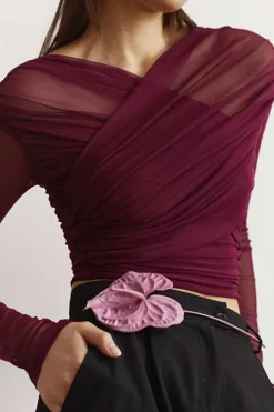 Solid Sheer Mesh Ruched Long-Sleeve Top
