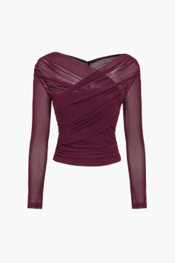 Solid Sheer Mesh Ruched Long-Sleeve Top