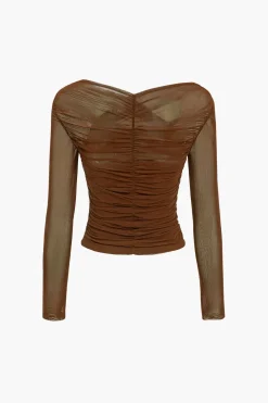 Solid Sheer Mesh Ruched Long-Sleeve Top