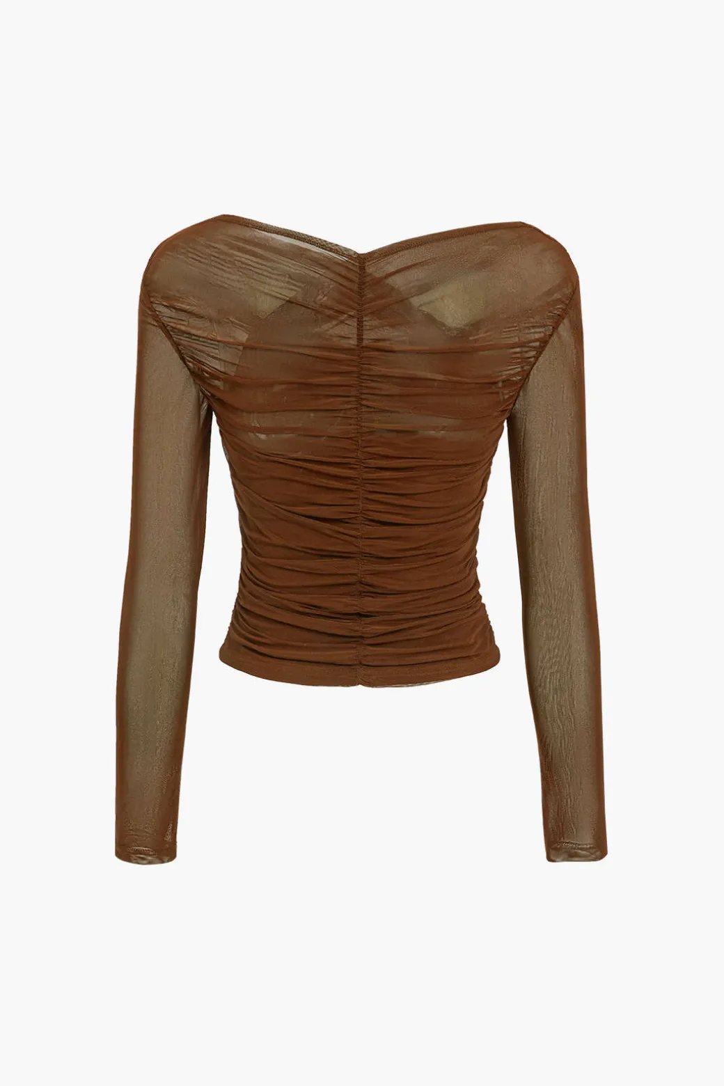 Solid Sheer Mesh Ruched Long-Sleeve Top