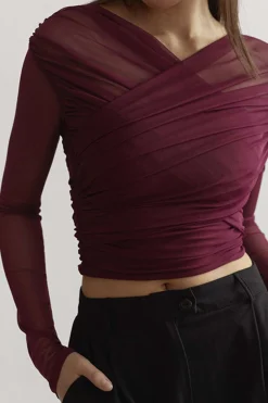 Solid Sheer Mesh Ruched Long-Sleeve Top