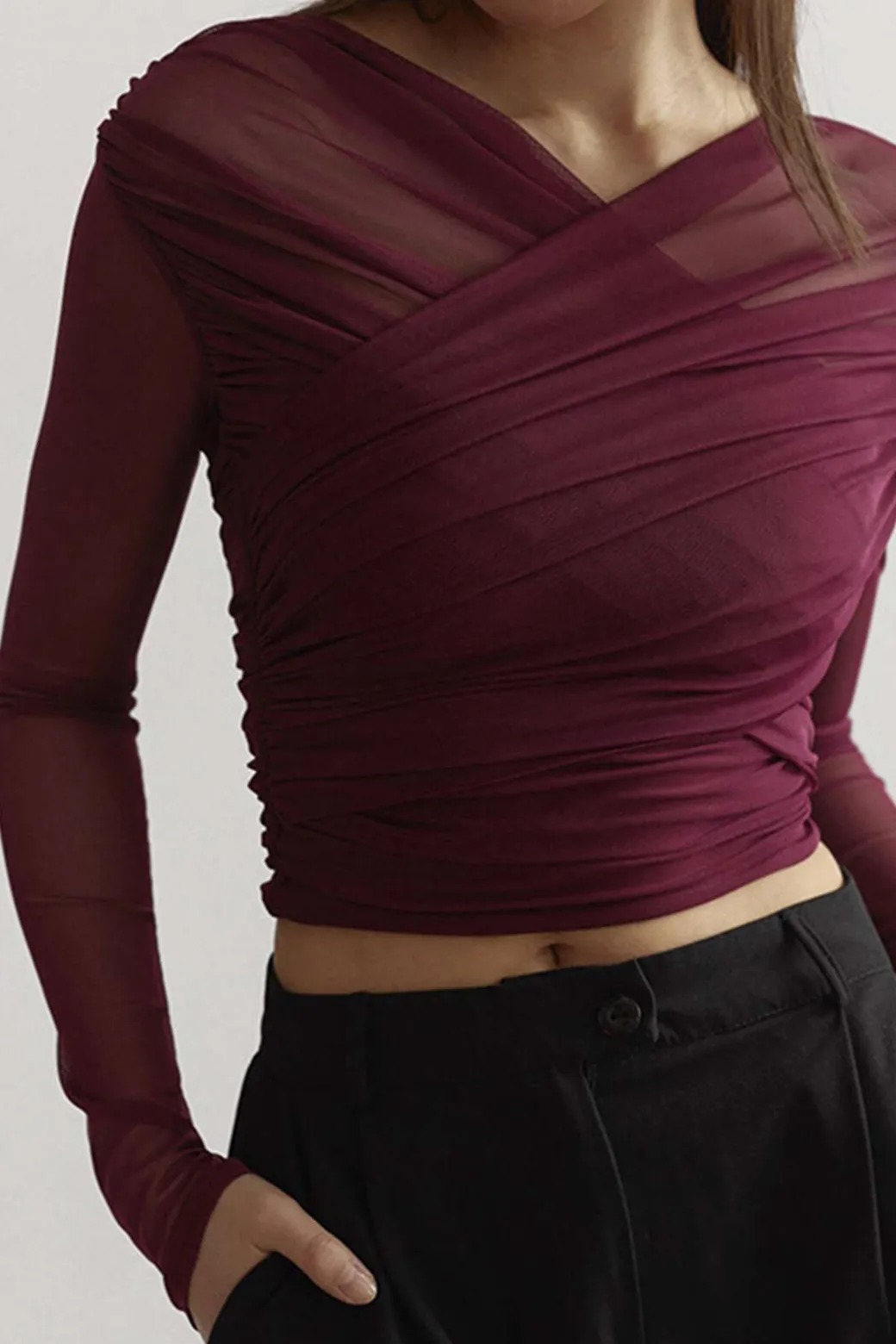 Solid Sheer Mesh Ruched Long-Sleeve Top