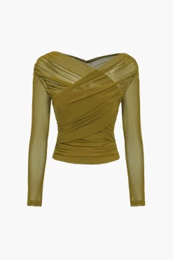 Solid Sheer Mesh Ruched Long-Sleeve Top