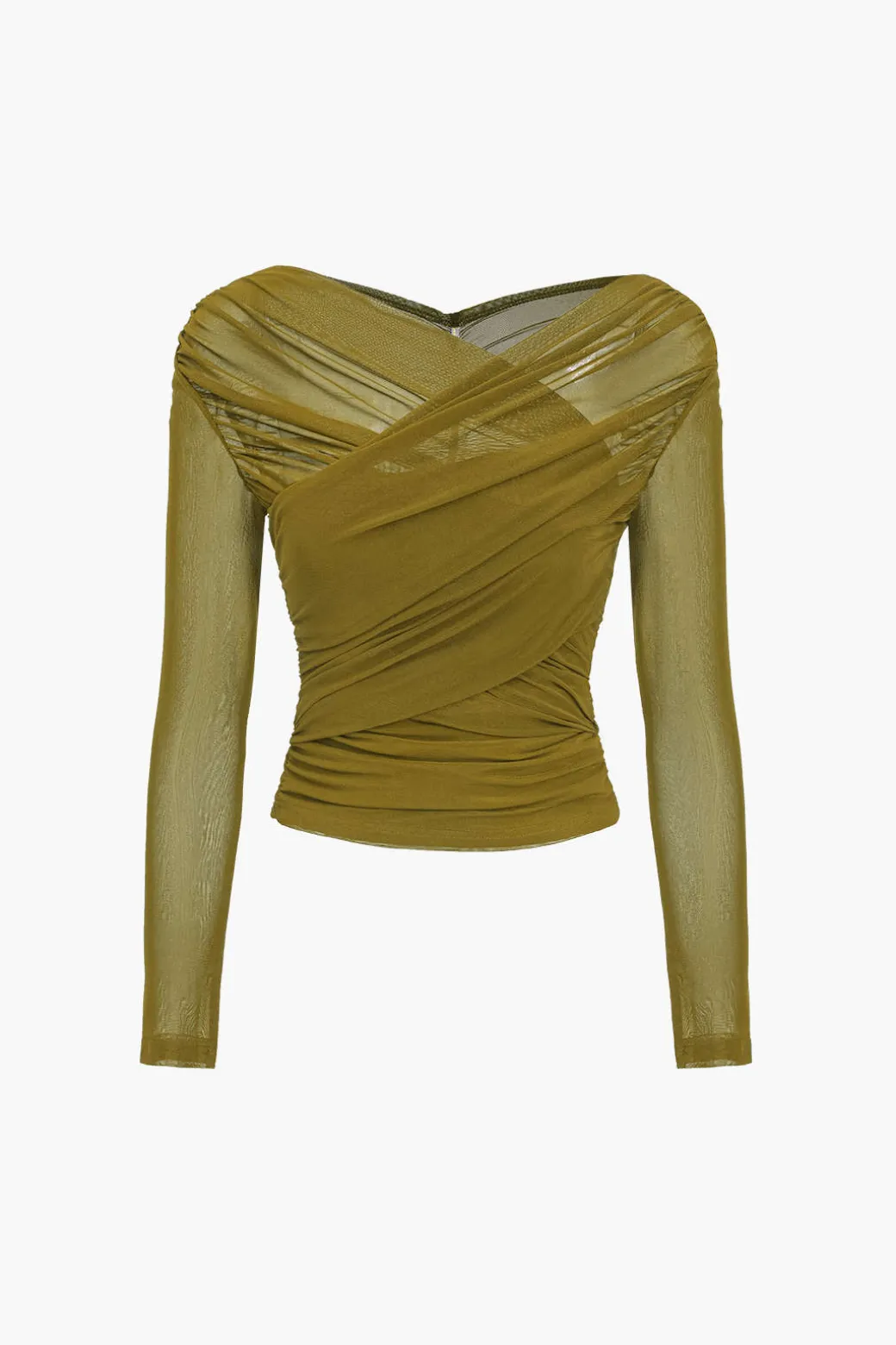 Solid Sheer Mesh Ruched Long-Sleeve Top