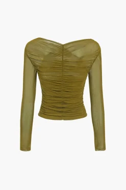 Solid Sheer Mesh Ruched Long-Sleeve Top