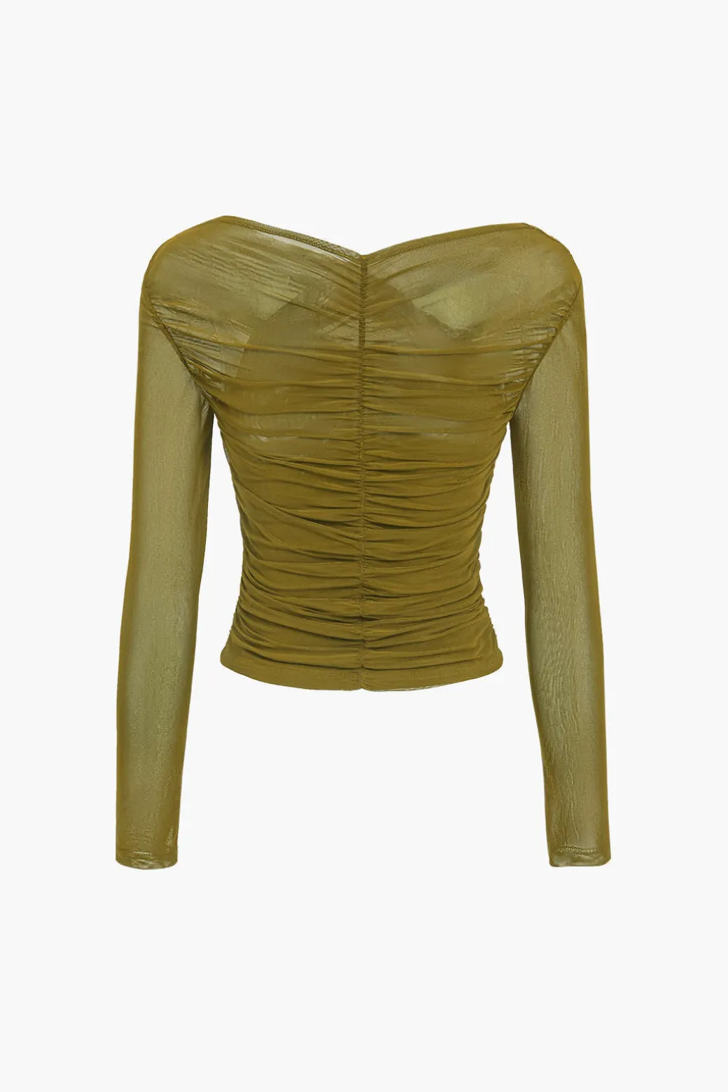 Solid Sheer Mesh Ruched Long-Sleeve Top