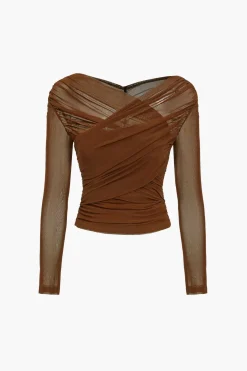 Solid Sheer Mesh Ruched Long-Sleeve Top