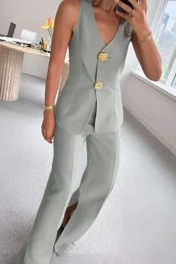 Solid Sleeveless Suit Vest And Pants Set