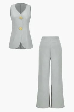 Solid Sleeveless Suit Vest And Pants Set