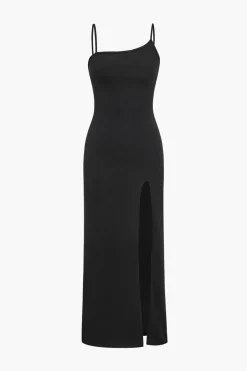 Solid Slip Strap Slit Midi Dress