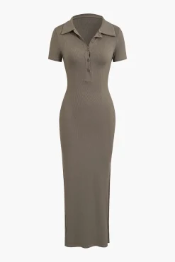 Solid Slit Collar Midi Dress