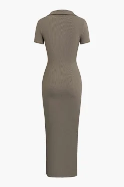 Solid Slit Collar Midi Dress
