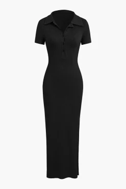 Solid Slit Collar Midi Dress
