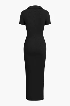 Solid Slit Collar Midi Dress