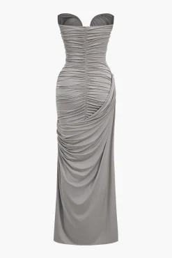 Solid Strapless Ruched Maxi Dress