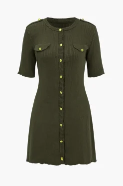 Solid Sweater Button Fake Pockets Mini Dress