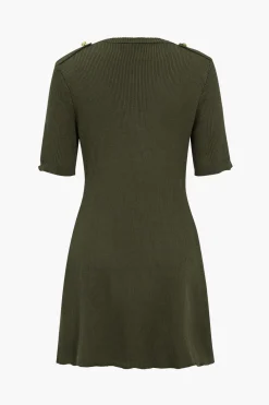 Solid Sweater Button Fake Pockets Mini Dress