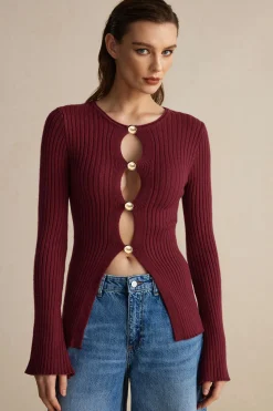 Solid Sweater Button Long-Sleeve Top