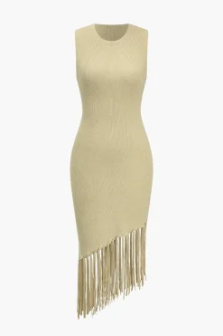 Solid Sweater Fringe Asymmetrical Dress