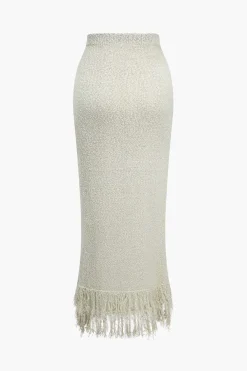 Solid Sweater Fringe Maxi Skirt