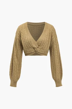 Solid Sweater Twist Knot V-Neck Long-Sleeve Top