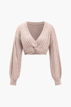 Solid Sweater Twist Knot V-Neck Long-Sleeve Top