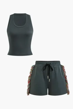Solid Tank Top And Fringe Drawstring Shorts Set