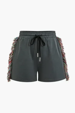 Solid Tank Top And Fringe Drawstring Shorts Set