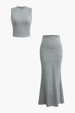 Solid Tank Top And Mermaid Maxi Skirt Set