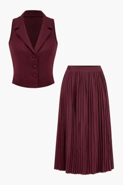 Solid Tank Top And Pleated Skirt Set