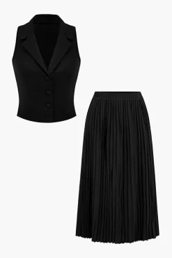 Solid Tank Top And Pleated Skirt Set