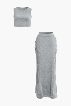 Solid Tank Top And Ruched Maxi Skirt Set