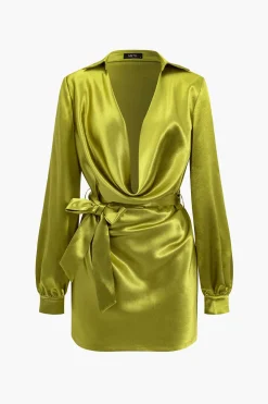 Solid Tie Front Draped Cowl Neck Belted Mini Dress