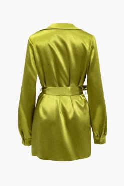 Solid Tie Front Draped Cowl Neck Belted Mini Dress