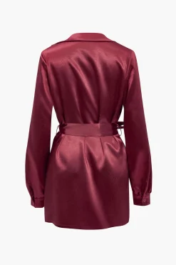 Solid Tie Front Draped Cowl Neck Belted Mini Dress