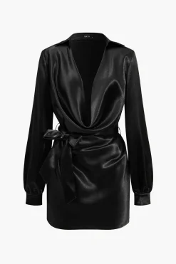 Solid Tie Front Draped Cowl Neck Belted Mini Dress